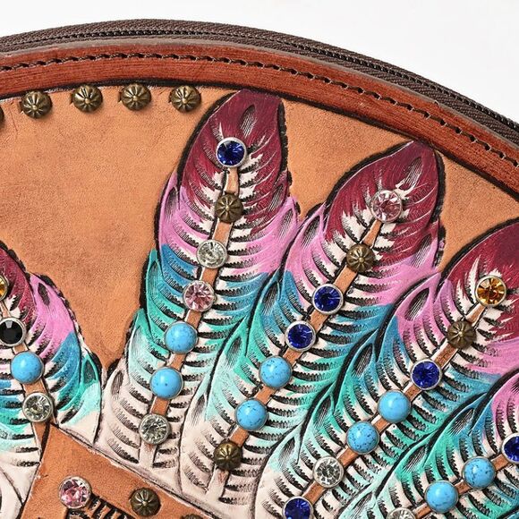 American Darling Tooled Leather Feather Headdress Wristlet Hand Painted Studded - Picture 5 of 6